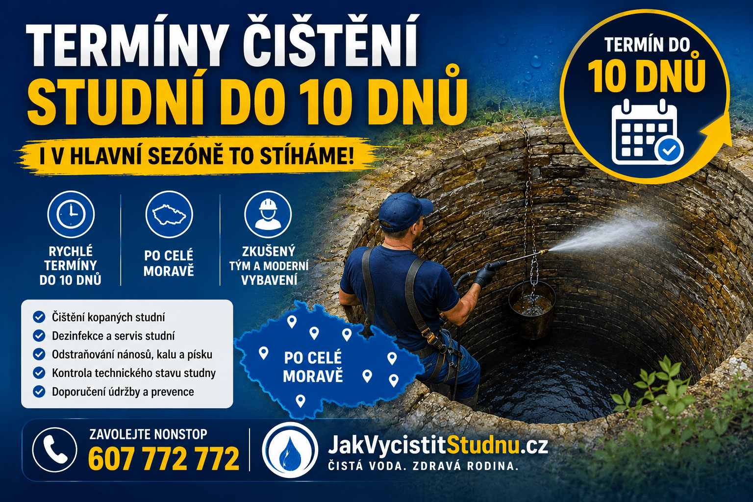 Čištění kopané studny do 10 dnů po celé Moravě
